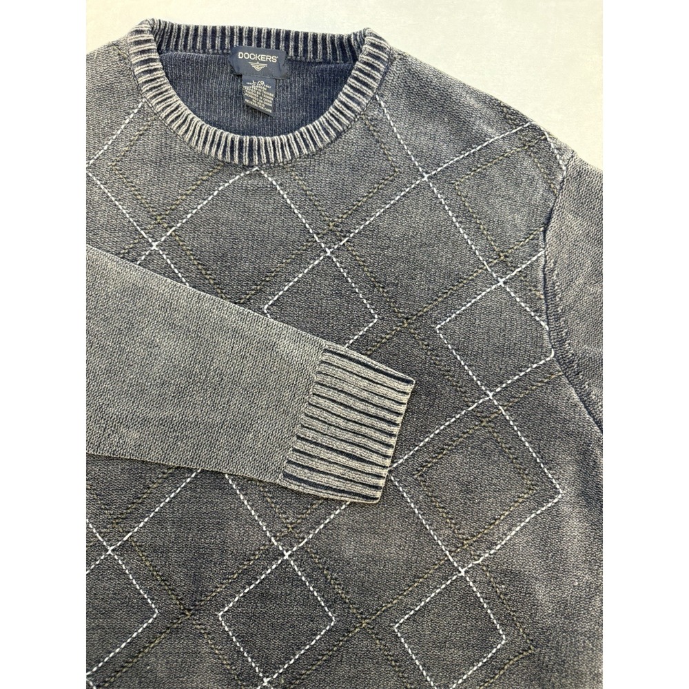 Dockers VTG Mens L Crewneck Sweater Argyle Navy Cotton 90s Mineral Acid Wash